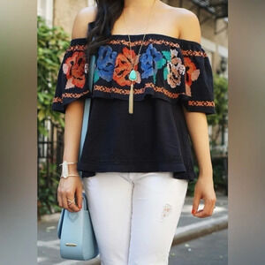 Free People To The Left, black embroidered off the shoulder top. Size Small